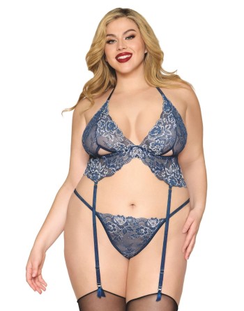 Soutien porte jarretelles grande taille et string en dentelle florale bleue - DG13522XBLU