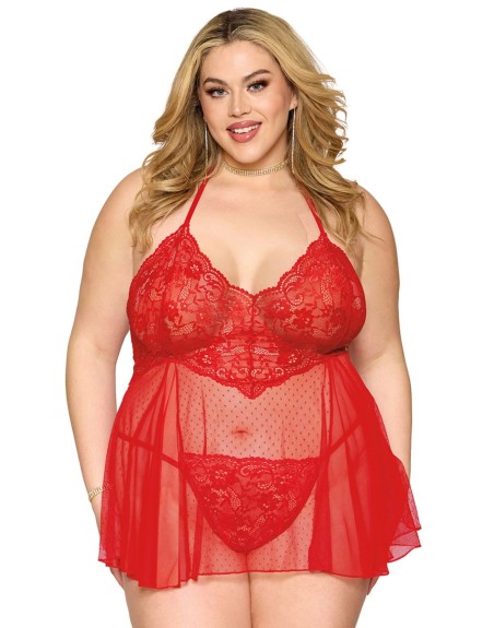 Nuisette grande taille rouge en résille et dentelle florale, string assorti - DG13524XRED