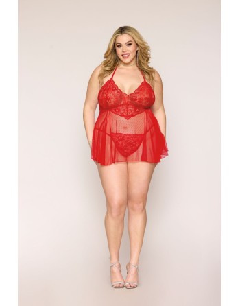 Nuisette grande taille rouge en résille et dentelle florale, string assorti - DG13524XRED