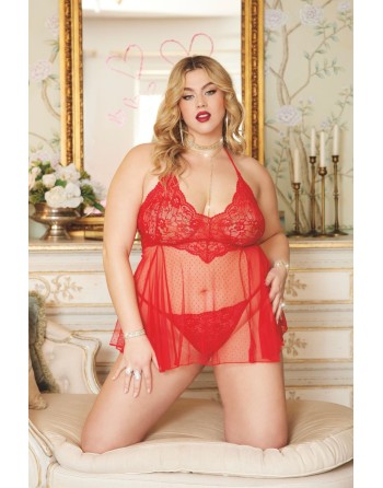 Nuisette grande taille rouge en résille et dentelle florale, string assorti - DG13524XRED