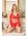 Nuisette grande taille rouge en résille et dentelle florale, string assorti - DG13524XRED