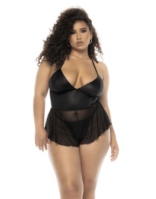 Body effet babydoll Pearl grande taille en wetlook noir et résille, bretelles réglables, zip fonctionnel au dos -...