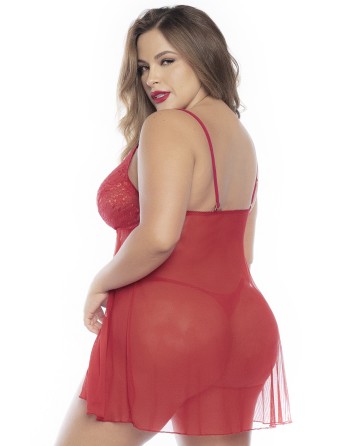 Babydoll, grande taille, en dentelle et résille rouge ouvert sur le devant - MAL7501XRED