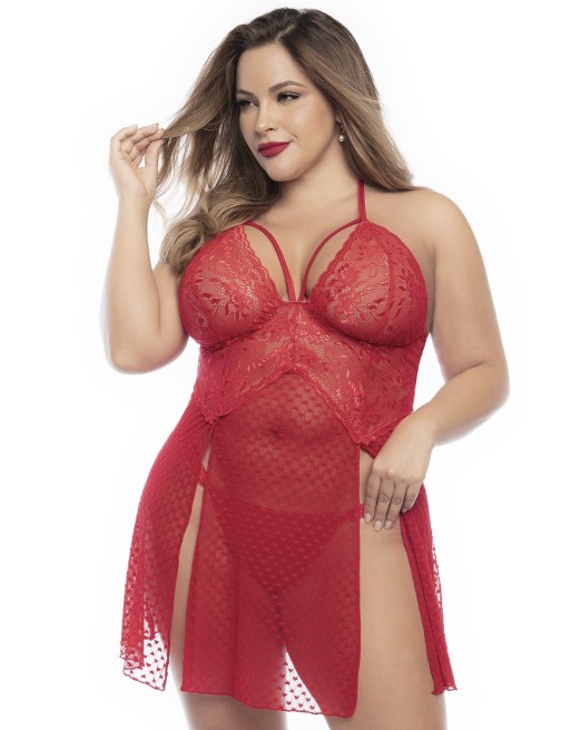 Nuisette dos nu, grande taille, en dentelle rouge et fine résille avec string - MAL7506XRED