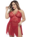 Nuisette dos nu, grande taille, en dentelle rouge et fine résille avec string - MAL7506XRED