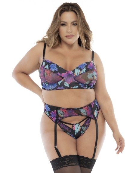 Ensemble trois pièces noir, grande taille, imprimé fleurs exotiques- MAL8770XPRT