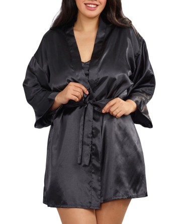 Nuisette grande taille noire avec peignoir satinés - DG3717XBLK