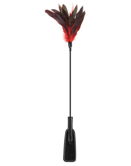 Cravache noire bdsm avec plumes noires rouges - CC570074