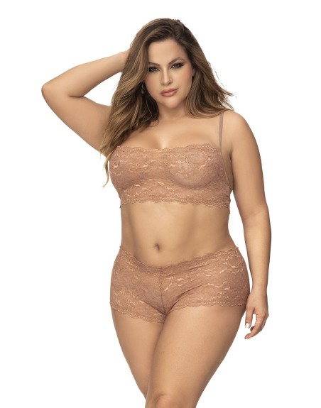 Ensemble 2 pièces en dentelle grande taille, top à bretelles et shorty couleur taupe - MAL206XTAUP