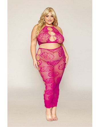 Ensemble Soutien-gorge et jupe longue en filet rose, grande taille - DG0485XBEE