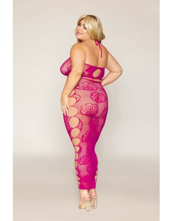 Ensemble Soutien-gorge et jupe longue en filet rose, grande taille - DG0485XBEE