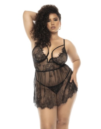 Nuisette noir Selma grande taille, en dentelle, avec armatures et string assorti inclus - MAL7550XBLK