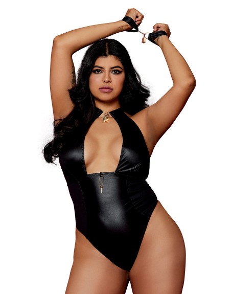 Body wetlook noir  grande taille avec menottes, cadenas bijoux et clé bijou inclus - DG12814XBLK