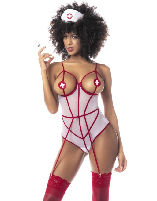 Costume d'infirmière avec body blanc et rouge - MAL6487COS