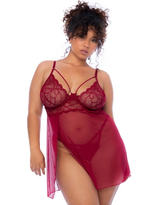 Nuisette grande taille couleur framboise et string - MAL7555XROSW