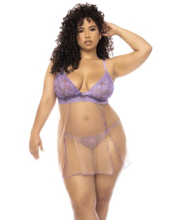 Nuisette grande taille couleur lavande et chair Verona, en dentelle et résille transparente - MAL7540XLLCN