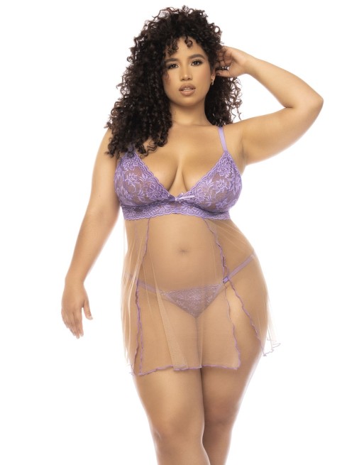 Nuisette grande taille couleur lavande et chair Verona, en dentelle et résille transparente - MAL7540XLLCN