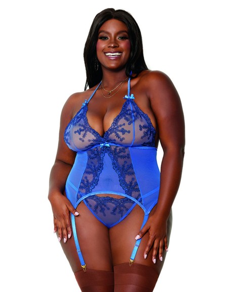 Ensemble 2 pièces grande taille bleu bustier porte jarretelles et string - DG12957XPER