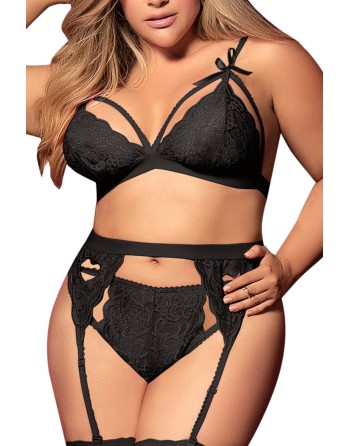 Ensemble 3 pièces noir grande taille  soutien-gorge string porte-jarretelles - MAL8221XBLK