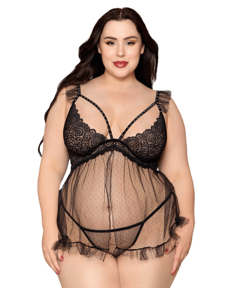 Babydoll grande taille noir et string assorti - DG13694XBLK