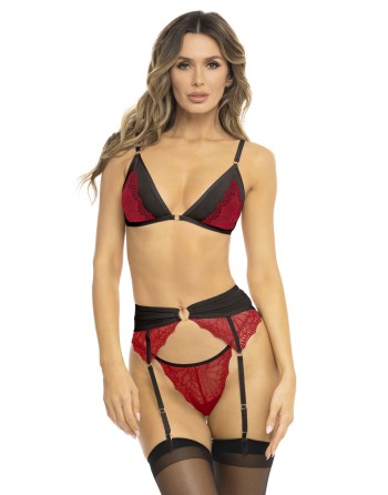 Ensemble 3 pièces rouge, soutien gorge, porte jarretelles et string - REN53037-RED