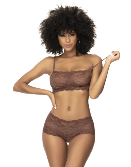 Ensemble 2 pièces en dentelle, top à bretelles et shorty couleur cacao - MAL206COCO