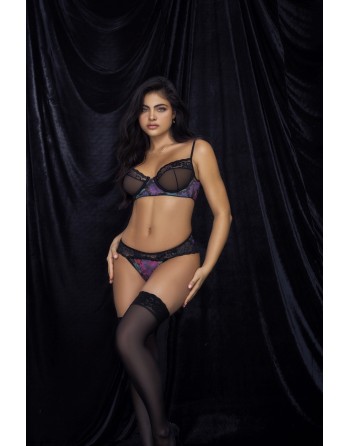 Ensemble lingerie noir deux pièces imprimé fleur exotique - MAL8772PRT