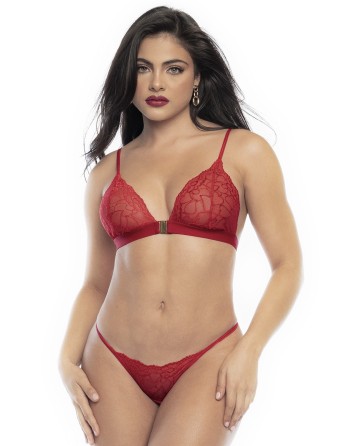 Ensemble lingerie trois pièces en dentelle rouge imprimée de cœurs - MAL8813RED